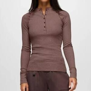 Prana Touchstone Henley Women's XS Carob Heather Fitted Luxe Waffle Knit Texture